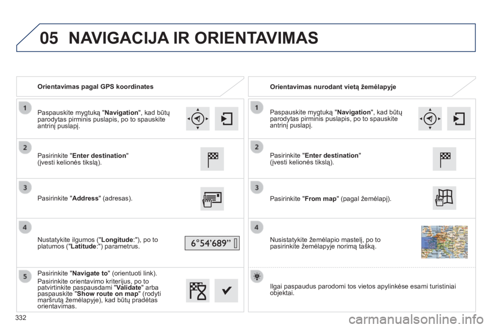 Peugeot 308 2015  Savininko vadovas (in Lithuanian) 05
Orientavimas pagal GPS koordinatesOrientavimas nurodant vietą žemėlapyje
Pasirinkite " Enter destination "  
(įvesti kelionės tikslą).
Pasirinkite " Address" (adresas).
Nustat