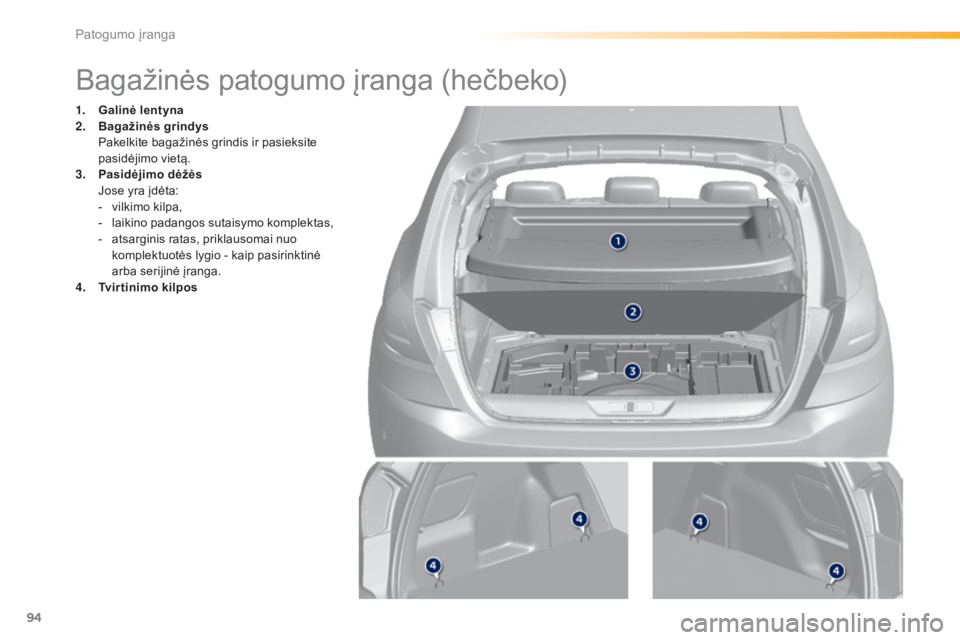 Peugeot 308 2015  Savininko vadovas (in Lithuanian) 94
308_lt_Chap03_confort_ed01-2015
Bagažinės patogumo įranga (hečbeko)
1. Galinė lentyna
2. Bagažinės grindys 
 P

akelkite bagažinės grindis ir pasieksite 
pasidėjimo vietą.
3.
 P

asidėj
