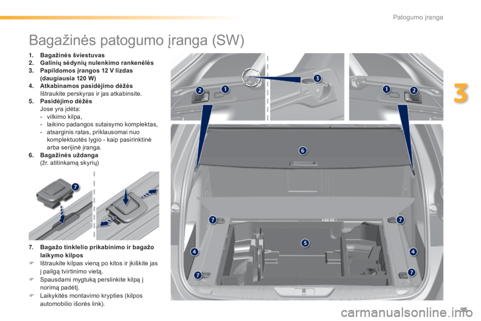 Peugeot 308 2015  Savininko vadovas (in Lithuanian) 95
308_lt_Chap03_confort_ed01-2015
Bagažinės patogumo įranga (SW)
1. Bagažinės šviestuvas
2. Galinių sėdynių nulenkimo rankenėlės
3.
 P

apildomos įrangos 12   V lizdas 
(daugiausia 120
  