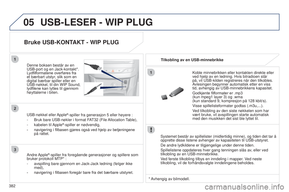 Peugeot 308 2015 Brukerhåndbok (in Norwegian) 05
382
USB-LESER - WIP PLUG
Systemet består av spillelister (midlertidig minne), og tiden det t\
ar å
opprette disse listene avhenger av kapasiteten til USB-utstyret.
De andre lydkildene er tilgjen Peugeot 308 2015 Brukerhåndbok (in Norwegian) 05
382
USB-LESER - WIP PLUG
Systemet består av spillelister (midlertidig minne), og tiden det t\
ar å
opprette disse listene avhenger av kapasiteten til USB-utstyret.
De andre lydkildene er tilgjen