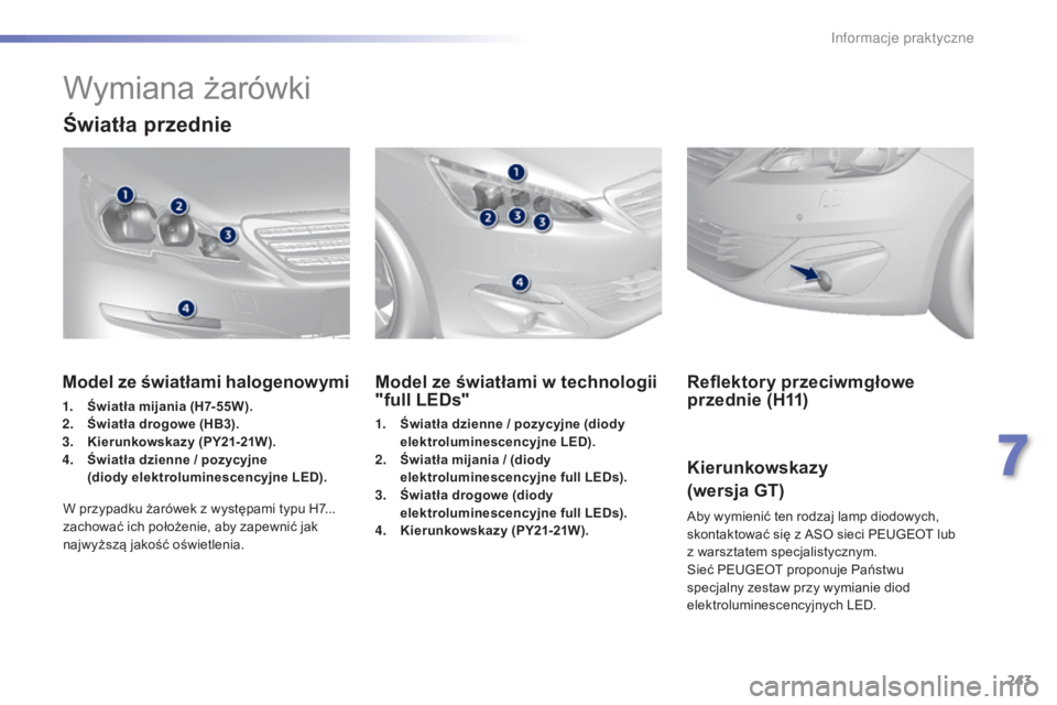 Peugeot 308 2015  Instrukcja Obsługi (in Polish) 243
308_pl_Chap07_info-pratiques_ed01-2015
Wymiana żarówki
Światła przednie
Model ze światłami w technologii 
"full LEDs"
1. Światła dzienne / pozycyjne (diody elektroluminescencyjne  
