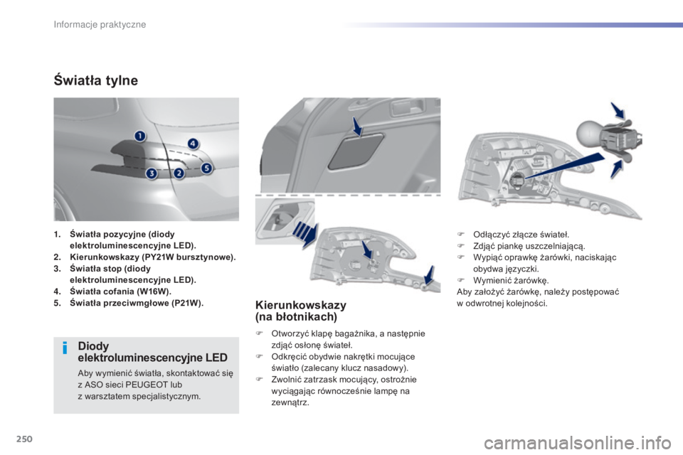 Peugeot 308 2015  Instrukcja Obsługi (in Polish) 250
308_pl_Chap07_info-pratiques_ed01-2015
Światła tylne
Diody 
elektroluminescencyjne LED
Aby wymienić światła, skontaktować się 
z ASO sieci PEUGEOT lub  
z warsztatem specjalistycznym.
Kieru