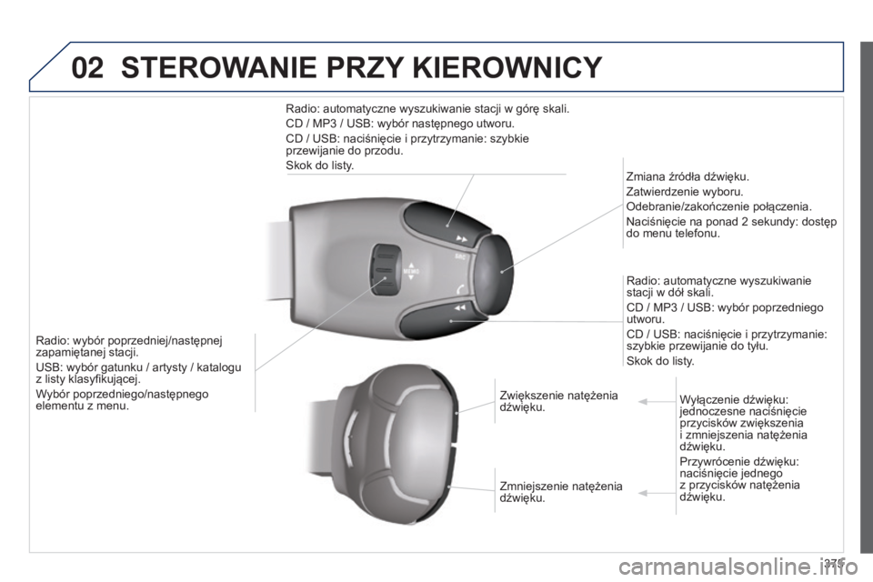 Peugeot 308 2015  Instrukcja Obsługi (in Polish) 02
375
STEROWANIE PRZY KIEROWNICY
Radio: wybór poprzedniej/następnej 
zapamiętanej stacji.
USB: wybór gatunku / artysty / katalogu  
z listy klasyfikującej.
Wybór poprzedniego/następnego   
ele