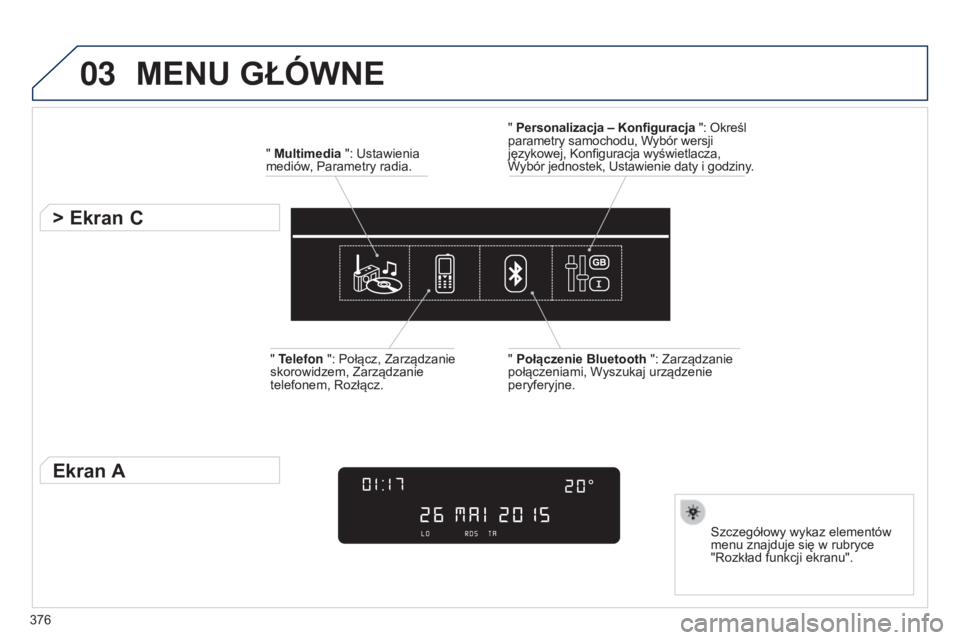 Peugeot 308 2015  Instrukcja Obsługi (in Polish) 03
376
MENU GŁóWNE
" Multimedia ": Ustawienia 
mediów, Parametry radia.
> Ekran C
Szczegółowy wykaz elementów 
menu znajduje się w rubryce 
"Rozkład funkcji ekranu".
" Pers