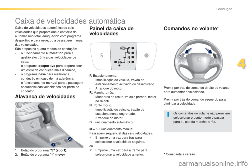 Peugeot 308 2015  Manual do proprietário (in Portuguese) 131
308_pt_Chap04_conduite_ed01-2015
Caixa de velocidades automática
Caixa de velocidades automática de seis 
velocidades que proporciona o conforto do 
automatismo total, enriquecido com programa 
