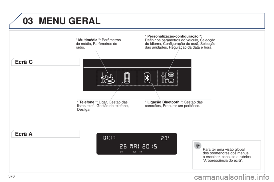 Peugeot 308 2015  Manual do proprietário (in Portuguese) 03
376
MENU GERAL
" Multimédia ": Parâmetros 
de média, Parâmetros de 
rádio.
Ecrã C
Para ter uma visão global 
dos pormenores dos menus 
a escolher, consulte a rubrica 
"Arborescê