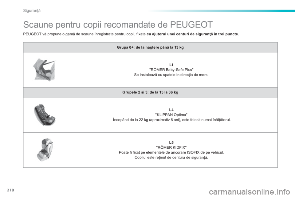 Peugeot 308 2015  Manualul de utilizare (in Romanian) 218
308_ro_Chap06_securite_ed01-2015
Scaune pentru copii recomandate de PEUGEOT
Grupa 0+: de la naştere până la 13 kgL1 
"RÖMER Baby-Safe Plus"
Se instalează cu spatele in direcţia de me
