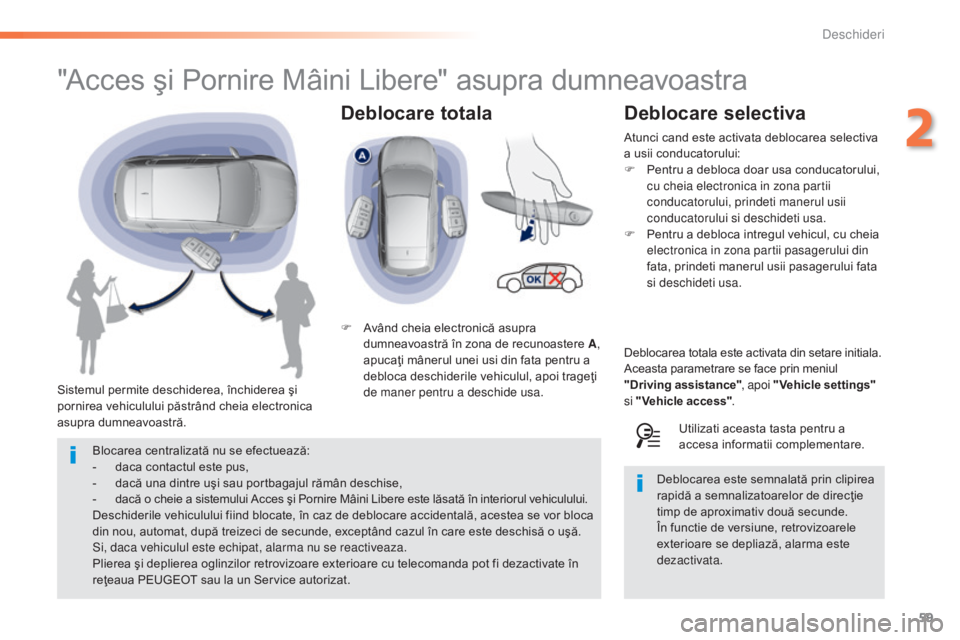 Peugeot 308 2015 Manualul de utilizare (in Romanian) 59
308_ro_Chap02_ouvertures_ed01-2015
Deblocare totala
"Acces şi Pornire Mâini Libere" asupra dumneavoastra
Sistemul permite deschiderea, închiderea şi
pornirea vehiculului păstrând che Peugeot 308 2015 Manualul de utilizare (in Romanian) 59
308_ro_Chap02_ouvertures_ed01-2015
Deblocare totala
"Acces şi Pornire Mâini Libere" asupra dumneavoastra
Sistemul permite deschiderea, închiderea şi
pornirea vehiculului păstrând che
