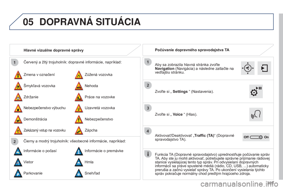 Peugeot 308 2015 Užívateľská príručka (in Slovak) 05
339
Červený a žltý trojuholník: dopravné informácie, napríklad:
Zmena v označení
Nebezpečenstvo výbuchu Zúžená vozovka
Uzavretá vozovka
Šmykľavá vozovka
Demonštrácia Nehoda
Neb Peugeot 308 2015 Užívateľská príručka (in Slovak) 05
339
Červený a žltý trojuholník: dopravné informácie, napríklad:
Zmena v označení
Nebezpečenstvo výbuchu Zúžená vozovka
Uzavretá vozovka
Šmykľavá vozovka
Demonštrácia Nehoda
Neb