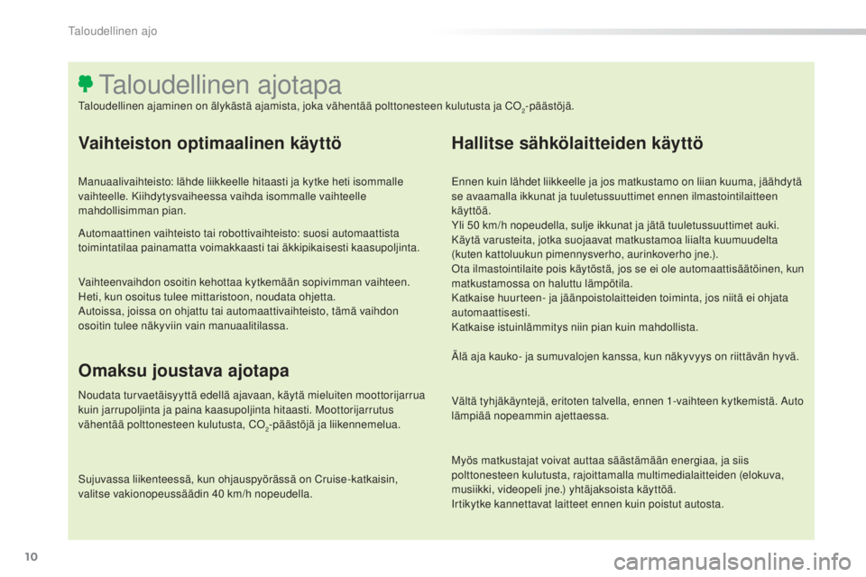 Peugeot 308 2015 Omistajan käsikirja (in Finnish) 10
308_fi_Chap00c_eco-conduite_ed01-2015
Vaihteiston optimaalinen käyttö
Manuaalivaihteisto: lähde liikkeelle hitaasti ja kytke heti isommalle
vaihteelle. Kiihdytysvaiheessa vaihda isommalle vaiht Peugeot 308 2015 Omistajan käsikirja (in Finnish) 10
308_fi_Chap00c_eco-conduite_ed01-2015
Vaihteiston optimaalinen käyttö
Manuaalivaihteisto: lähde liikkeelle hitaasti ja kytke heti isommalle
vaihteelle. Kiihdytysvaiheessa vaihda isommalle vaiht