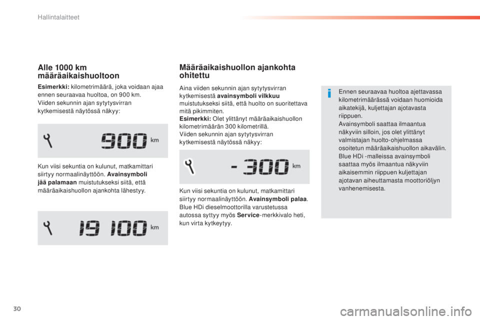 Peugeot 308 2015 Omistajan käsikirja (in Finnish) 30
308_fi_Chap01_controle-de-marche_ed01-2015
Määräaikaishuollon ajankohta
ohitettu
Ennen seuraavaa huoltoa ajettavassa
kilometrimäärässä voidaan huomioida
aikatekijä, kuljettajan ajotavast Peugeot 308 2015 Omistajan käsikirja (in Finnish) 30
308_fi_Chap01_controle-de-marche_ed01-2015
Määräaikaishuollon ajankohta
ohitettu
Ennen seuraavaa huoltoa ajettavassa
kilometrimäärässä voidaan huomioida
aikatekijä, kuljettajan ajotavast