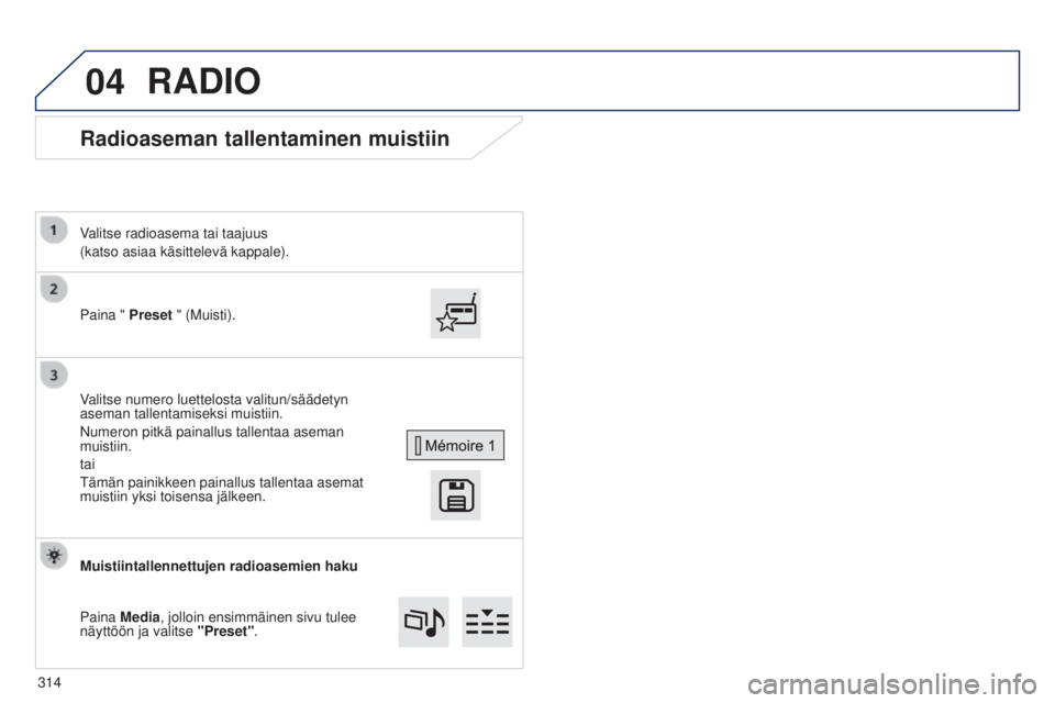 Peugeot 308 2015  Omistajan käsikirja (in Finnish) 04
Radioaseman tallentaminen muistiin
Paina " Preset " (Muisti).
Valitse radioasema tai taajuus
(katso asiaa käsittelevä kappale).
Valitse numero luettelosta valitun/säädetyn 
aseman talle