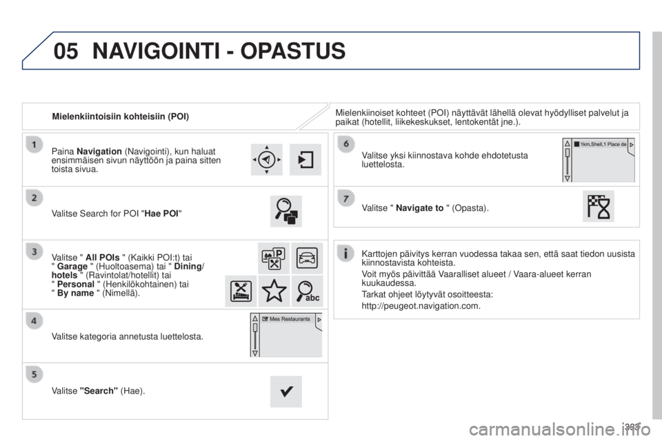 Peugeot 308 2015  Omistajan käsikirja (in Finnish) 05
333
Mielenkiintoisiin kohteisiin (POI)
Mielenkiinoiset kohteet (POI) näyttävät lähellä olevat \
hyödylliset palvelut ja 
paikat (hotellit, liikekeskukset, lentokentät jne.).
Valitse Search f