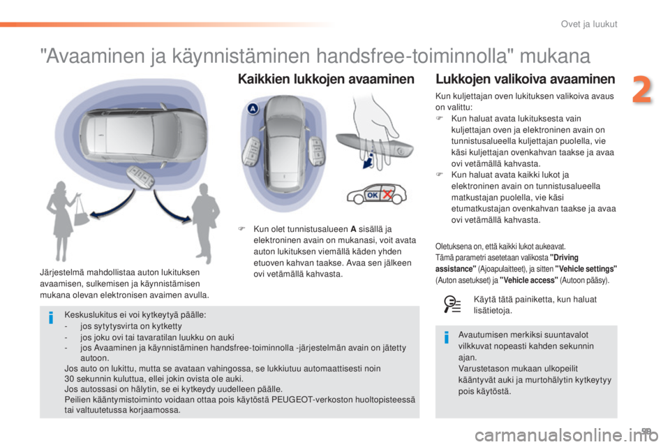 Peugeot 308 2015 Omistajan käsikirja (in Finnish) 59
308_fi_Chap02_ouvertures_ed01-2015
Kaikkien lukkojen avaaminen
"Avaaminen ja käynnistäminen handsfree-toiminnolla" mukana
Järjestelmä mahdollistaa auton lukituksen
avaamisen, sulkemise Peugeot 308 2015 Omistajan käsikirja (in Finnish) 59
308_fi_Chap02_ouvertures_ed01-2015
Kaikkien lukkojen avaaminen
"Avaaminen ja käynnistäminen handsfree-toiminnolla" mukana
Järjestelmä mahdollistaa auton lukituksen
avaamisen, sulkemise