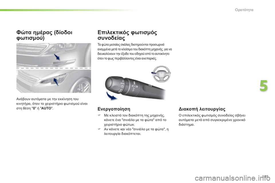 Peugeot 308 2015  Εγχειρίδιο χρήσης (in Greek) 185
308_el_Chap05_visibilite_ed01-2015
Φώτα ημέρας (δίοδοι 
φωτισμού)
Ανάβουν αυτόματα με την εκκίνηση του 
κινητήρα, όταν το χε
