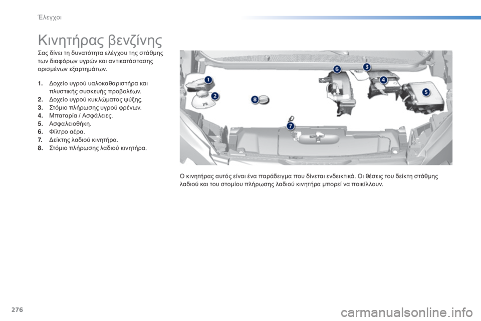 Peugeot 308 2015  Εγχειρίδιο χρήσης (in Greek) 276
308_el_Chap08_verifications_ed01-2015
Σας δίνει τη δυνατότητα ελέγχου της στάθμης 
των διαφόρων υγρών και αντικατάστασης 
ορ