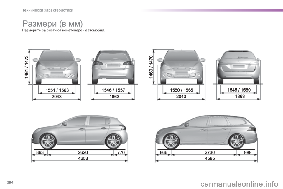 Peugeot 308 2015  Ръководство за експлоатация (in Bulgarian) 294
308_bg_Chap09_caracteristiques-techniques_ed01-2015
Размери (в мм)Размерите са снети от ненатоварен автомобил. 
Технически характе