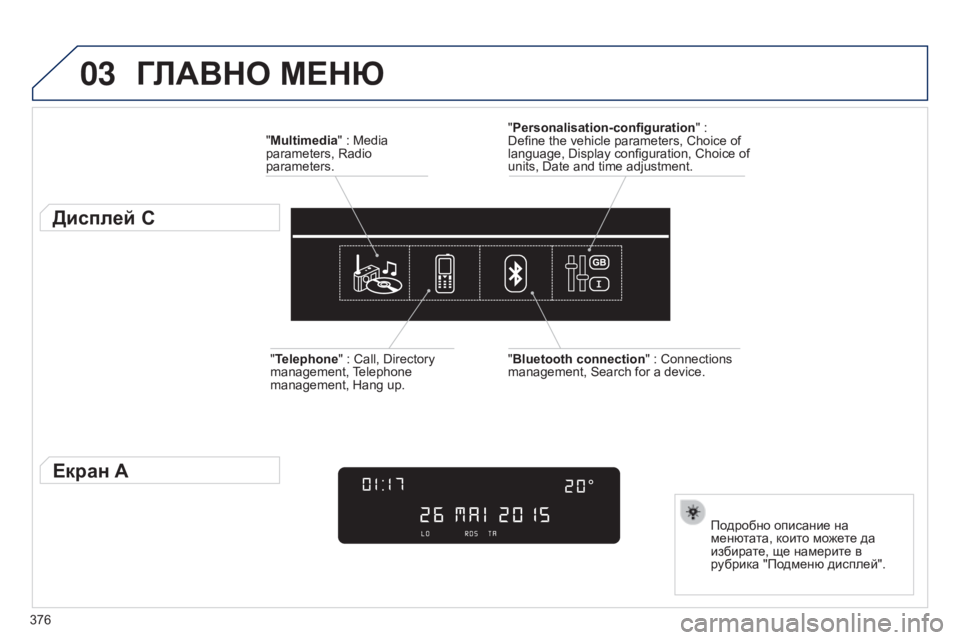 Peugeot 308 2015  Ръководство за експлоатация (in Bulgarian) 03
376
ГЛАВНО МЕНю
"Multimedia" : Media 
parameters, Radio 
parameters.
Дисплей C
Подробно описание на 
менютата, които можете да 
и