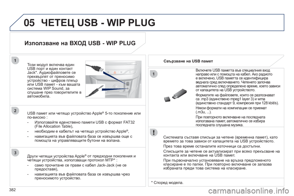 Peugeot 308 2015 Ръководство за експлоатация (in Bulgarian) 05
382
ЧЕТЕЦ USB - WIP P LUG
Системата съставя списъци за четене (временна памет), като
времето за това зависи от кап Peugeot 308 2015 Ръководство за експлоатация (in Bulgarian) 05
382
ЧЕТЕЦ USB - WIP P LUG
Системата съставя списъци за четене (временна памет), като
времето за това зависи от кап