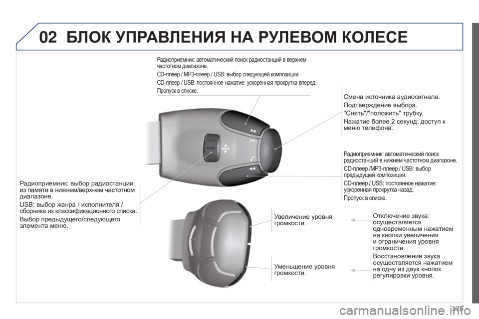 Peugeot 308 2015  Инструкция по эксплуатации (in Russian) 02
375
БЛОК  УПРАВЛЕНИЯ   НА   РУЛЕВОМ   КОЛЕСЕ
Радиоприемник: выбор радиостанции 
из памяти в нижнем/верхнем част