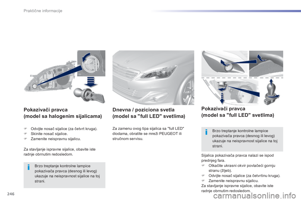 Peugeot 308 2015  Упутство за употребу (in Serbian) 246
308_sr_Chap07_info-pratiques_ed01-2015
Za stavljanje ispravne sijalice, obavite iste 
radnje obrnutim redosledom.
Pokazivači pravca
(model sa halogenim sijalicama)
Brzo treptanje kontrolne lampic
