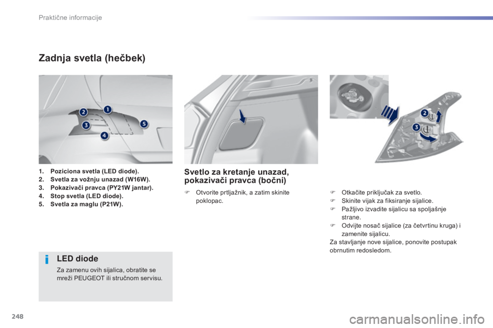 Peugeot 308 2015  Упутство за употребу (in Serbian) 248
308_sr_Chap07_info-pratiques_ed01-2015
1. Poziciona svetla (LED diode).
2. Svetla za vožnju unazad (W16W).
3.
 P

okazivači pravca (PY21W jantar).
4.
 S

top svetla (LED diode).
5.
 S

vetla za 