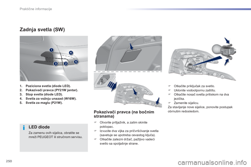 Peugeot 308 2015  Упутство за употребу (in Serbian) 250
308_sr_Chap07_info-pratiques_ed01-2015
Zadnja svetla (SW)
LED diode
Za zamenu ovih sijalica, obratite se 
mreži PEUGEOT ili stručnom servisu.
Pokazivači pravca (na bočnim 
stranama)
F Otvorite