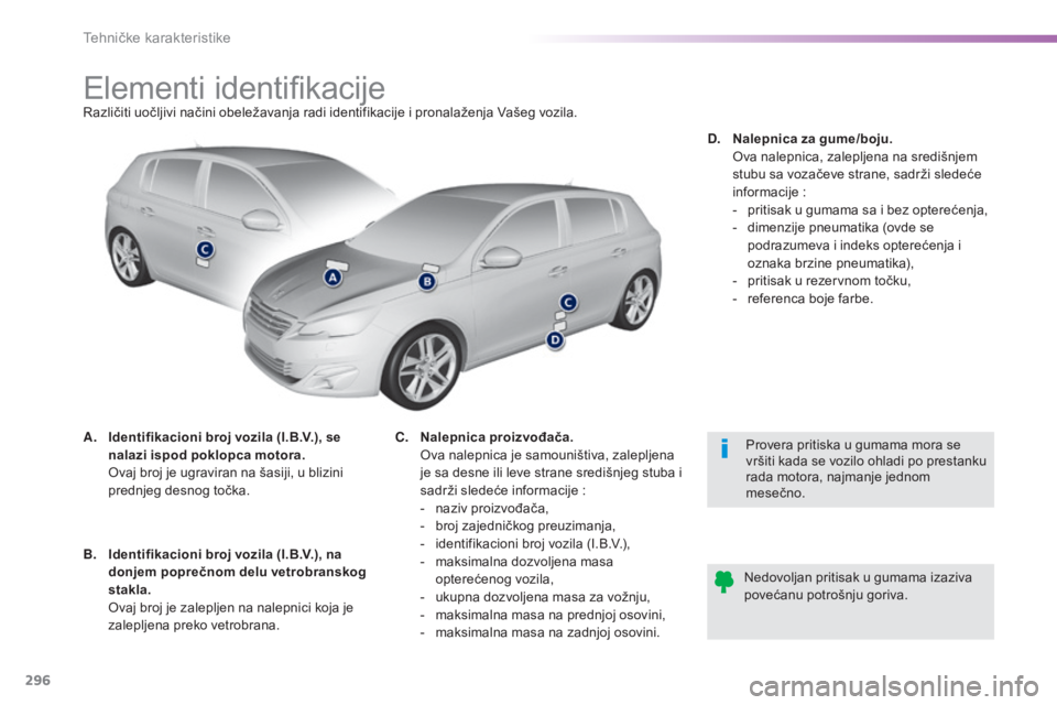 Peugeot 308 2015  Упутство за употребу (in Serbian) 296
308_sr_Chap09_caracteristiques-techniques_ed01-2015
Elementi identifikacijeRazličiti uočljivi načini obeležavanja radi identifikacije i pronalaženja Vašeg vozila.
A.
 I
dentifikacioni broj v
