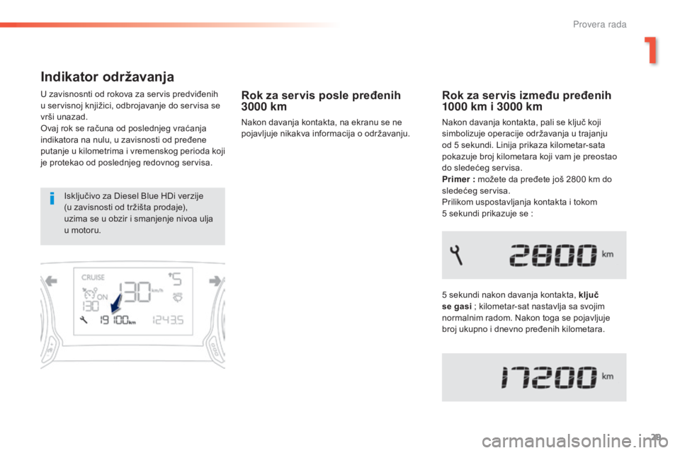 Peugeot 308 2015  Упутство за употребу (in Serbian) 29
308_sr_Chap01_controle-de-marche_ed01-2015
Indikator održavanja
U zavisnosnti od rokova za servis predviđenih 
u servisnoj knjižici, odbrojavanje do servisa se 
vrši unazad.
Ovaj rok se računa