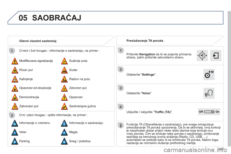 Peugeot 308 2015  Упутство за употребу (in Serbian) 05
339
Crveni i žuti trougao
 
: informacije o saobraćaju, na primer
 
:
Modifikovana signalizacija
Opasnost od eksplozije Suženje puta
Zatvoren put
Klizav put
Demonstracije Sudar
Opasnost
Kašnjen