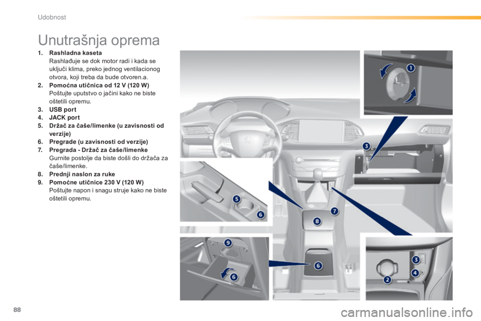 Peugeot 308 2015  Упутство за употребу (in Serbian) 88
308_sr_Chap03_confort_ed01-2015
Unutrašnja oprema
1. Rashladna kaseta  Rashlađuje se dok motor radi i kada se 
uključi klima, preko jednog ventilacionog 
otvora, koji treba da bude otvoren.a.
2.
