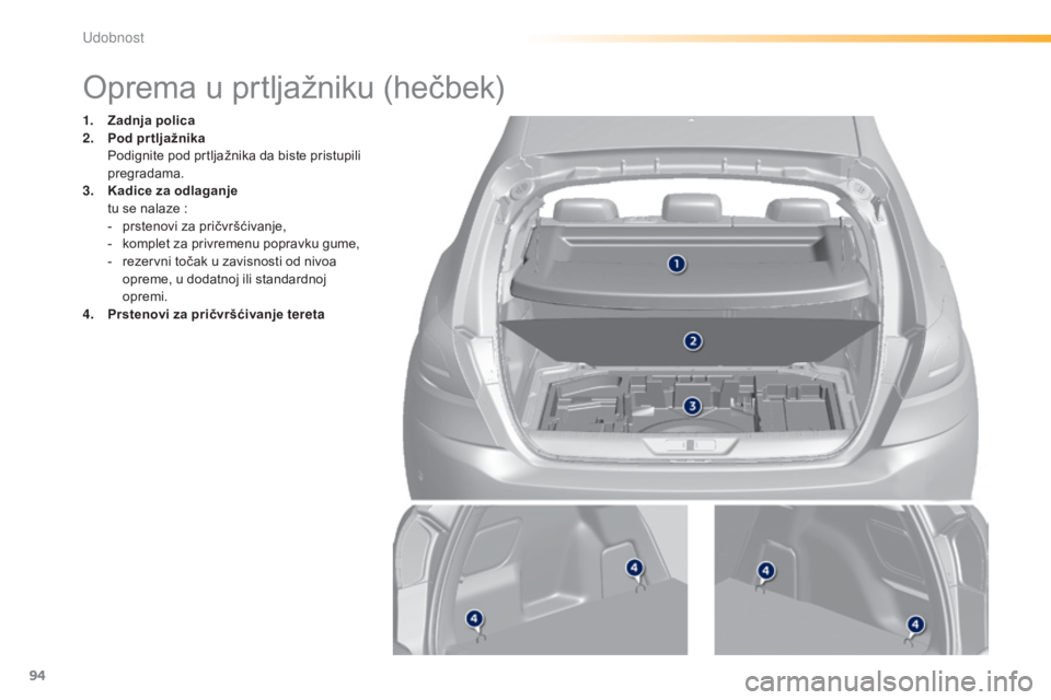 Peugeot 308 2015  Упутство за употребу (in Serbian) 94
308_sr_Chap03_confort_ed01-2015
Oprema u prtljažniku (hečbek)
1. Zadnja polica
2. Pod pr tljažnika 
 P

odignite pod prtljažnika da biste pristupili 
pregradama.
3.
 K

adice za odlaganje 
 t

