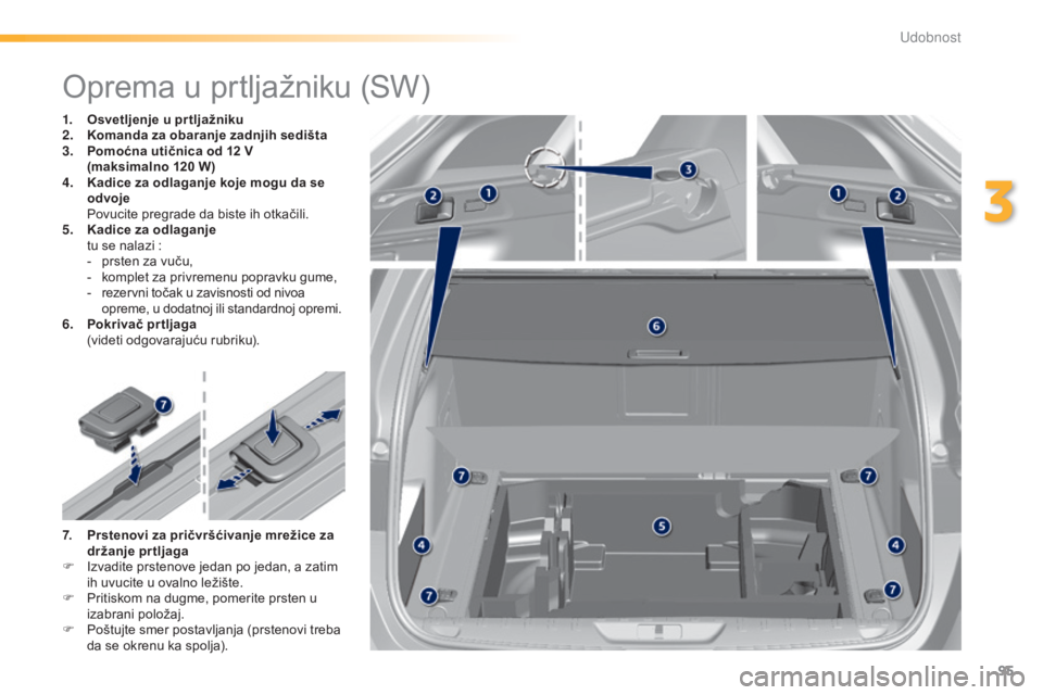 Peugeot 308 2015  Упутство за употребу (in Serbian) 95
308_sr_Chap03_confort_ed01-2015
Oprema u prtljažniku (SW)
1. Osvetljenje u pr tljažniku
2. Komanda za obaranje zadnjih sedišta
3.
 P

omoćna utičnica od 12 V 
(maksimalno
  120 W)
4.
 K

adice