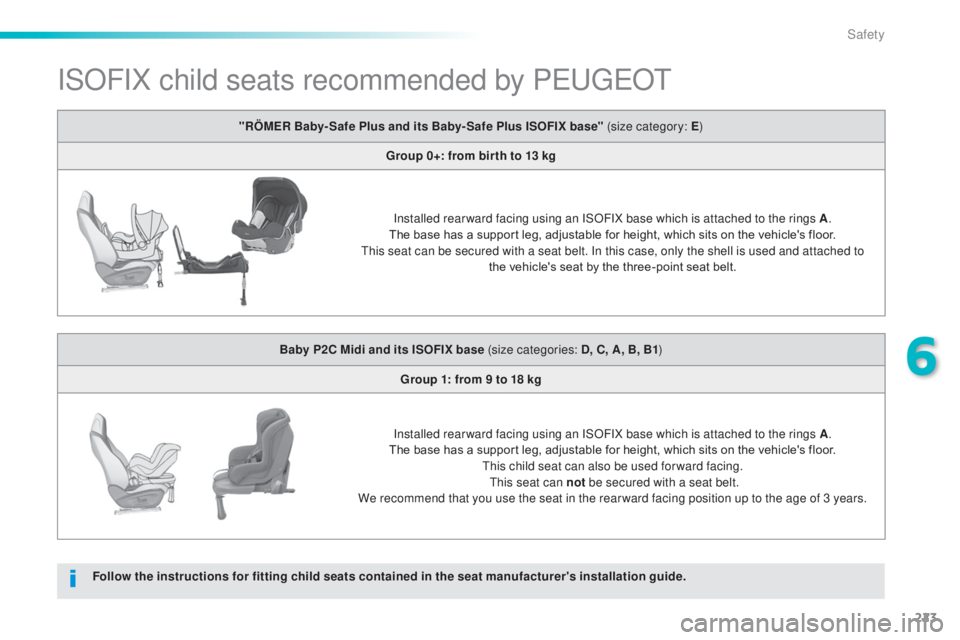 Peugeot 308 2014.5 Owners Manual - RHD (UK, Australia) 223
ISOFIX child seats recommended by PeugeOt
Follow the instructions for fitting child seats contained in the seat manufacturer's installation guide."RÖMER Baby- Safe Plus and its Baby- Safe Peugeot 308 2014.5 Owners Manual - RHD (UK, Australia) 223
ISOFIX child seats recommended by PeugeOt
Follow the instructions for fitting child seats contained in the seat manufacturer's installation guide."RÖMER Baby- Safe Plus and its Baby- Safe