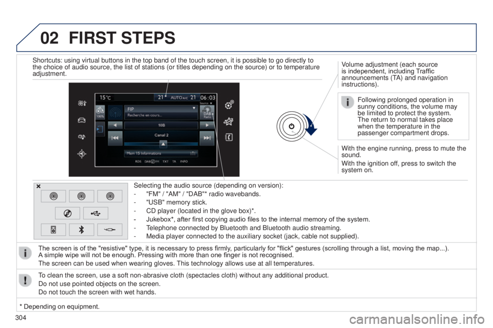 Peugeot 308 2014.5 Owners Manual - RHD (UK, Australia) 02
304
FIRST STEPS
With the engine running, press to mute the
sound.
With the ignition off, press to switch the
system on. Volume adjustment (each source
is independent, including Traffic
announce Peugeot 308 2014.5 Owners Manual - RHD (UK, Australia) 02
304
FIRST STEPS
With the engine running, press to mute the
sound.
With the ignition off, press to switch the
system on. Volume adjustment (each source
is independent, including Traffic
announce