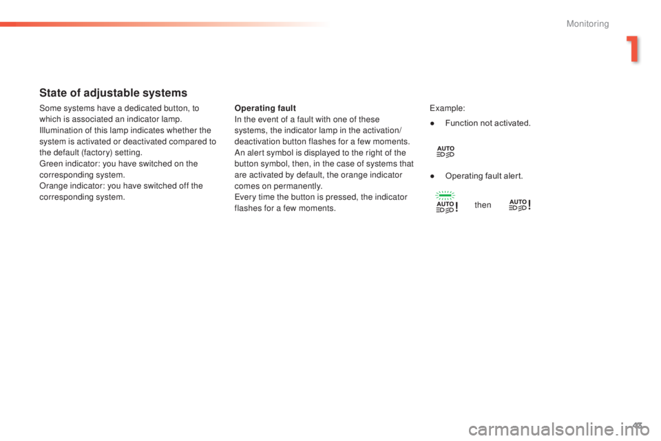 Peugeot 308 2014.5  Owners Manual - RHD (UK, Australia) 43
State of adjustable systems
Operating fault
In the event of a fault with one of these 
systems, the indicator lamp in the activation/
deactivation button flashes for a few moments.
An alert symbol 