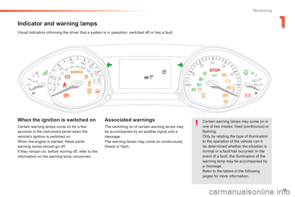Peugeot 308 2014 Owners Manual - RHD (UK, Australia) 13
1
Monitoring
Indicator and warning lamps
Certain warning lamps may come on in one of two modes: fixed (continuous) or flashing. Only by relating the type of illumination to the operation of the Peugeot 308 2014 Owners Manual - RHD (UK, Australia) 13
1
Monitoring
Indicator and warning lamps
Certain warning lamps may come on in one of two modes: fixed (continuous) or flashing. Only by relating the type of illumination to the operation of the