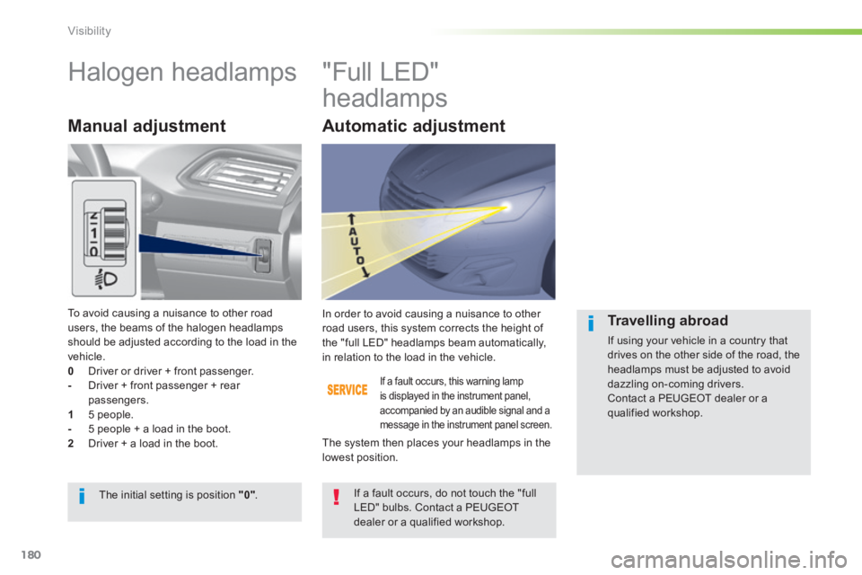 Peugeot 308 2014 Owners Manual - RHD (UK, Australia) 180
Visibility
Halogen headlamps "Full LED"
headlamps
Manual adjustment
If a fault occurs, this warning lamp is displayed in the instrument panel, accompanied by an audible si Peugeot 308 2014 Owners Manual - RHD (UK, Australia) 180
Visibility
Halogen headlamps "Full LED"
headlamps
Manual adjustment
If a fault occurs, this warning lamp is displayed in the instrument panel, accompanied by an audible si