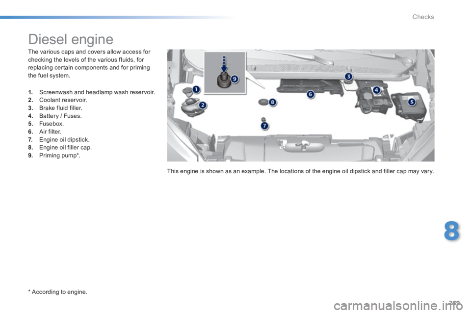 Peugeot 308 2014  Owners Manual - RHD (UK, Australia) 269
8
Checks
  The various caps and covers allow access for checking the levels of the various fluids, for replacing certain components and for priming the fuel system.  
  *    According  to  engine.