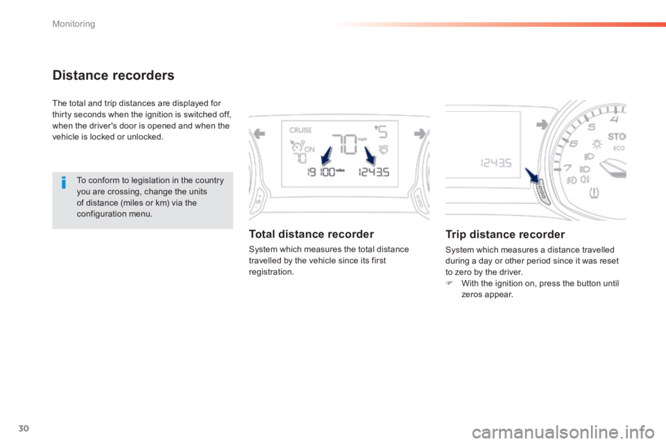 Peugeot 308 2014  Owners Manual - RHD (UK, Australia) 30
Monitoring
Distance recorders 
 The total and trip distances are displayed for thirty seconds when the ignition is switched off, when the driver's door is opened and when the vehicle is locked 