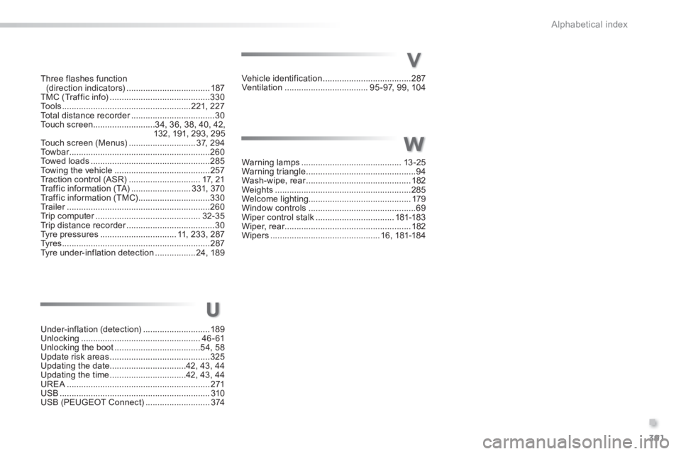 Peugeot 308 2014  Owners Manual - RHD (UK, Australia) 391
.
Alphabetical index
Three flashes function (direction indicators) ...................................187TMC (Traffic info) ..........................................330To o l s ..................