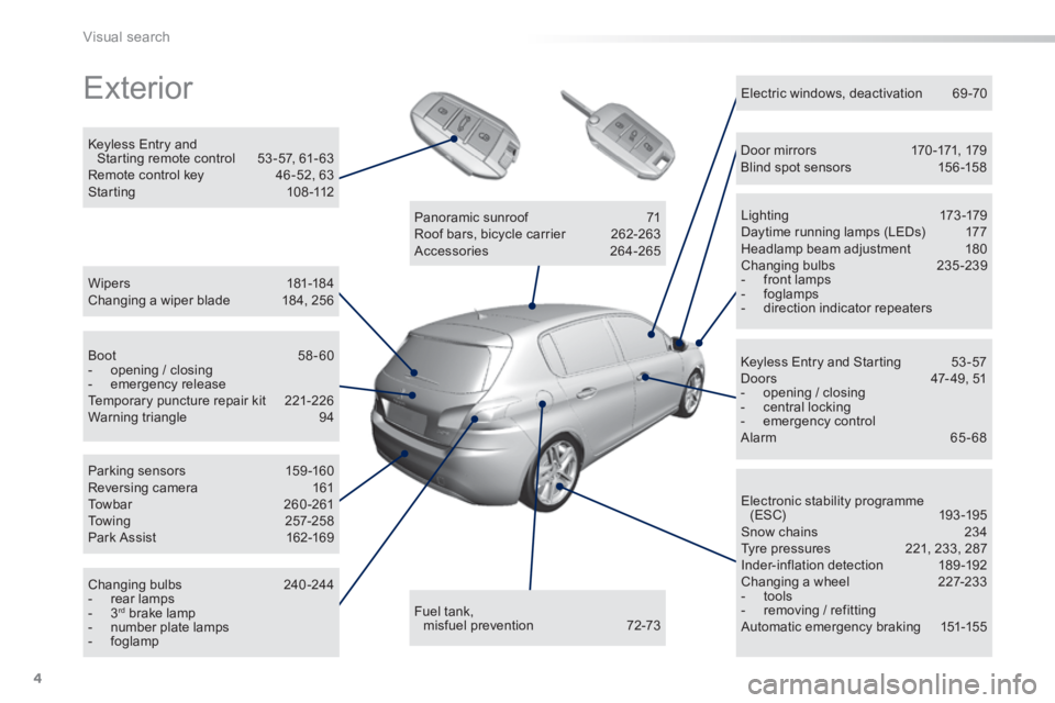 Peugeot 308 2014 Owners Manual - RHD (UK, Australia) 4
Visual search
Exterior
Wipers 181-18 4 Changing a wiper blade 184, 256
Keyless Entry and Starting remote control 53 -57, 61- 63 Remote control key 46 -52, 63 Starting 108 -112
E Peugeot 308 2014 Owners Manual - RHD (UK, Australia) 4
Visual search
Exterior
Wipers 181-18 4 Changing a wiper blade 184, 256
Keyless Entry and Starting remote control 53 -57, 61- 63 Remote control key 46 -52, 63 Starting 108 -112
E