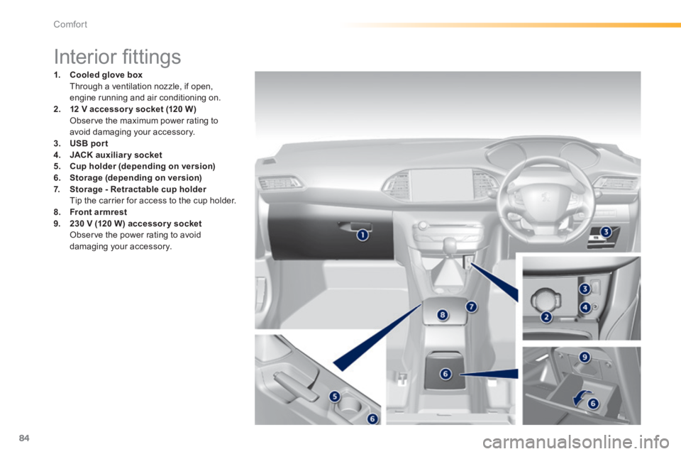 Peugeot 308 2014  Owners Manual - RHD (UK, Australia) 84
Comfort
                              Interior ﬁ ttings 
1.    Cooled glove box       Through a ventilation nozzle, if open, engine running and air conditioning on. 2.    12 V accessory socket   