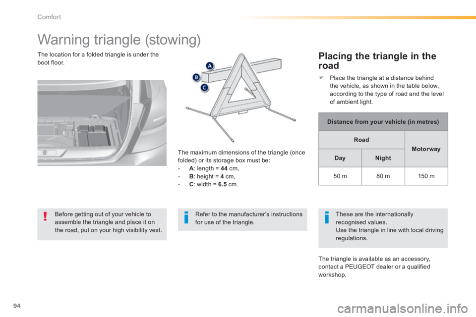 Peugeot 308 2014  Owners Manual - RHD (UK, Australia) 94
Comfort
         Warning  triangle  (stowing) 
Before getting out of your vehicle to assemble the triangle and place it on the road, put on your high visibility vest.  
  The maximum dimensions of 