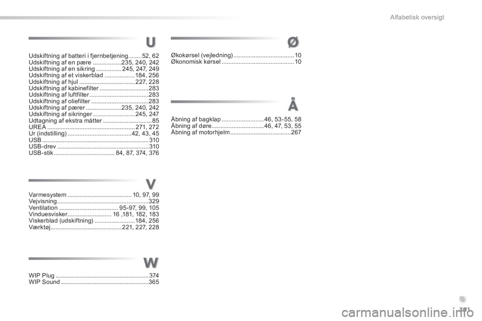 Peugeot 308 2014  Instruktionsbog (in Danish) 391
.
Alfabetisk oversigt
308_da_Chap11_index alpha_ed02-2013
Udskiftning af batteri i fjernbetjening ........52, 62Udskiftning af en pære .................235, 240, 242Udskiftning af en sikring ....