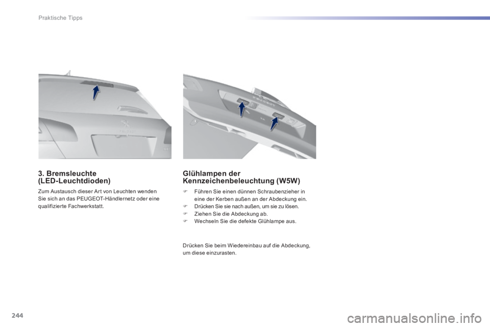 Peugeot 308 2014  Betriebsanleitung (in German) 244
Praktische Tipps
308_de_Chap07_info pratiques_ed02-2013
 Zum Austausch dieser Ar t von Leuchten wenden Sie sich an das PEUGEOT-Händlernetz oder eine qualifizierte  Fachwerkstatt.   
   3.  Bremsl