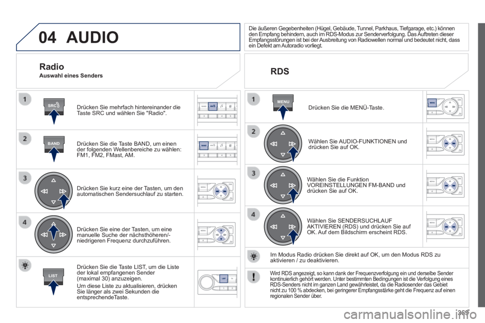 Peugeot 308 2014  Betriebsanleitung (in German) 04
SRC
BAND
LIST
MENU
369
308_de_Chap10d_RD45_ed02_2013
 AUDIO 
  Drücken Sie mehrfach hintereinander die Taste SRC und wählen Sie "Radio".  
  Drücken Sie die Taste BAND, um einen der folgenden We