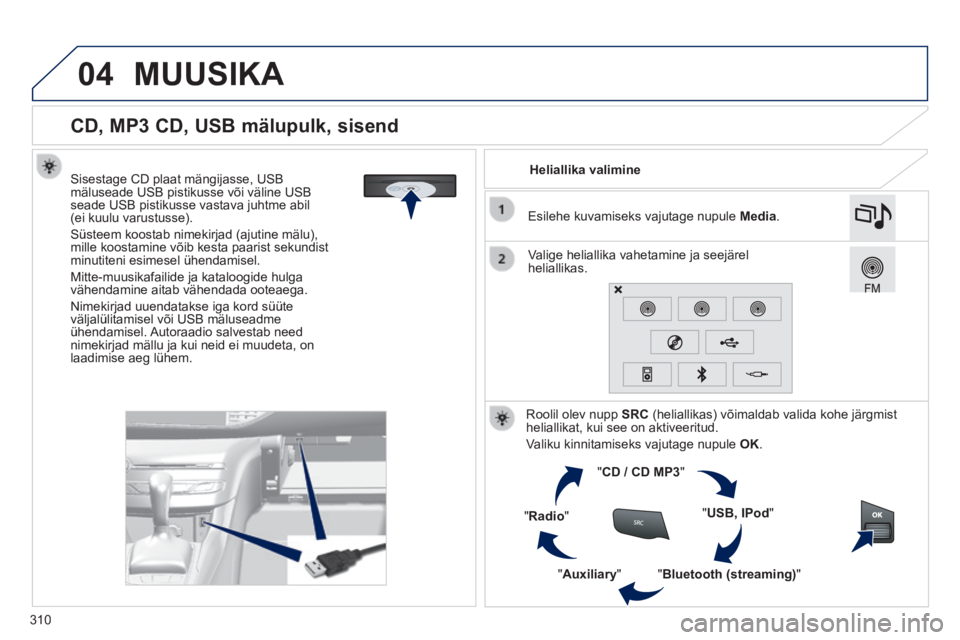 Peugeot 308 2014  Omaniku käsiraamat (in Estonian) 04
310
308_et_Chap10c_SMEGplus_ed02-2013
               
CD, MP3 CD, USB mälupulk, sisend 
  Sisestage CD plaat mängijasse, USB mäluseade USB pistikusse või väline USB seade USB pistikusse vastav