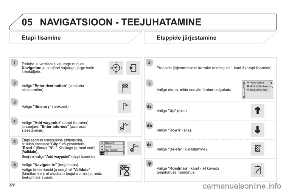 Peugeot 308 2014  Omaniku käsiraamat (in Estonian) 05
328
308_et_Chap10c_SMEGplus_ed02-2013
  Etapi  lisamine   Etappide  järjestamine 
  Valige  " Enter destination "  (sihtkoha sisestamine).  
  Valige  " Itinerary "  (teekond).  
  Valige  " Add w