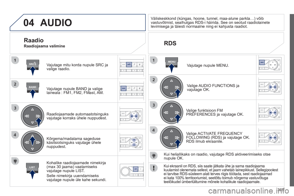 Peugeot 308 2014 Omaniku käsiraamat (in Estonian) 04
SRC
BAND
LIST
MENU
369
308_et_Chap10d_RD45_ed02_2013
AUDIO
Vajutage mitu korda nupule SRC ja valige raadio.
Vajutage nupule BAND ja valige laineala : FM1, FM2, FMast, AM.
Raadiojaamade Peugeot 308 2014 Omaniku käsiraamat (in Estonian) 04
SRC
BAND
LIST
MENU
369
308_et_Chap10d_RD45_ed02_2013
AUDIO
Vajutage mitu korda nupule SRC ja valige raadio.
Vajutage nupule BAND ja valige laineala : FM1, FM2, FMast, AM.
Raadiojaamade